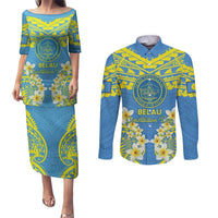 Palau Constitution Day Couples Matching Puletasi and Long Sleeve Button Shirt Belau Seal With Frangipani Polynesian Pattern - Blue LT14 Blue - Polynesian Pride