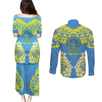 Palau Constitution Day Couples Matching Puletasi and Long Sleeve Button Shirt Belau Seal With Frangipani Polynesian Pattern - Blue LT14 - Polynesian Pride