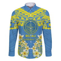 Palau Constitution Day Family Matching Long Sleeve Bodycon Dress and Hawaiian Shirt Belau Seal With Frangipani Polynesian Pattern - Blue LT14 Dad's Shirt - Long Sleeve Blue - Polynesian Pride