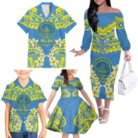 Palau Constitution Day Family Matching Off The Shoulder Long Sleeve Dress and Hawaiian Shirt Belau Seal With Frangipani Polynesian Pattern - Blue LT14 - Polynesian Pride