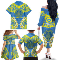 Palau Constitution Day Family Matching Off The Shoulder Long Sleeve Dress and Hawaiian Shirt Belau Seal With Frangipani Polynesian Pattern - Blue LT14 - Polynesian Pride