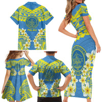 Palau Constitution Day Family Matching Short Sleeve Bodycon Dress and Hawaiian Shirt Belau Seal With Frangipani Polynesian Pattern - Blue LT14 - Polynesian Pride