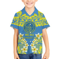 Palau Constitution Day Family Matching Tank Maxi Dress and Hawaiian Shirt Belau Seal With Frangipani Polynesian Pattern - Blue LT14 Son's Shirt Blue - Polynesian Pride