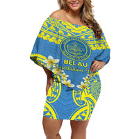 Palau Constitution Day Off Shoulder Short Dress Belau Seal With Frangipani Polynesian Pattern - Blue LT14 Women Blue - Polynesian Pride