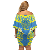 Palau Constitution Day Off Shoulder Short Dress Belau Seal With Frangipani Polynesian Pattern - Blue LT14 - Polynesian Pride