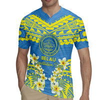 Palau Constitution Day Rugby Jersey Belau Seal With Frangipani Polynesian Pattern - Blue LT14 - Polynesian Pride