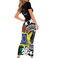 Cook Islands Independence Day Short Sleeve Bodycon Dress Kuki Airani Tiare Maori Polynesian Pattern - Black