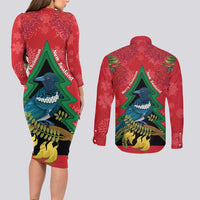 New Zealand Christmas In July Couples Matching Long Sleeve Bodycon Dress and Long Sleeve Button Shirt Kowhai Tui Bird With Pohutukawa - Red LT14 - Polynesian Pride