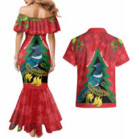 New Zealand Christmas In July Couples Matching Mermaid Dress and Hawaiian Shirt Kowhai Tui Bird With Pohutukawa - Red LT14 - Polynesian Pride