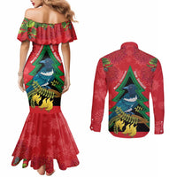New Zealand Christmas In July Couples Matching Mermaid Dress and Long Sleeve Button Shirt Kowhai Tui Bird With Pohutukawa - Red LT14 - Polynesian Pride