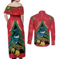 New Zealand Christmas In July Couples Matching Off Shoulder Maxi Dress and Long Sleeve Button Shirt Kowhai Tui Bird With Pohutukawa - Red LT14 - Polynesian Pride