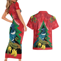 New Zealand Christmas In July Couples Matching Short Sleeve Bodycon Dress and Hawaiian Shirt Kowhai Tui Bird With Pohutukawa - Red LT14 - Polynesian Pride