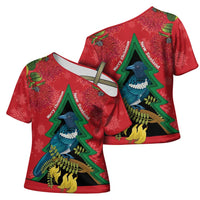 New Zealand Christmas In July Cross Shoulder Shirt Kowhai Tui Bird With Pohutukawa - Red LT14 - Polynesian Pride