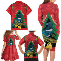 New Zealand Christmas In July Family Matching Long Sleeve Bodycon Dress and Hawaiian Shirt Kowhai Tui Bird With Pohutukawa - Red LT14 - Polynesian Pride
