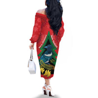 New Zealand Christmas In July Family Matching Off The Shoulder Long Sleeve Dress and Hawaiian Shirt Kowhai Tui Bird With Pohutukawa - Red LT14 - Polynesian Pride