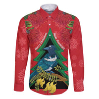 New Zealand Christmas In July Family Matching Puletasi and Hawaiian Shirt Kowhai Tui Bird With Pohutukawa - Red LT14 Dad's Shirt - Long Sleeve Red - Polynesian Pride