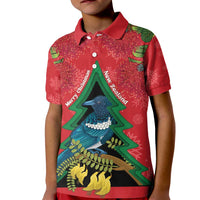 New Zealand Christmas In July Kid Polo Shirt Kowhai Tui Bird With Pohutukawa - Red LT14 Kid Red - Polynesian Pride