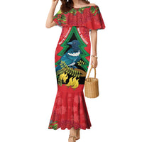 New Zealand Christmas In July Mermaid Dress Kowhai Tui Bird With Pohutukawa - Red LT14 Women Red - Polynesian Pride