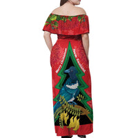 New Zealand Christmas In July Off Shoulder Maxi Dress Kowhai Tui Bird With Pohutukawa - Red