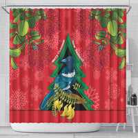 New Zealand Christmas In July Shower Curtain Kowhai Tui Bird With Pohutukawa - Red LT14 - Polynesian Pride