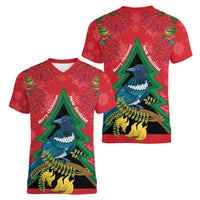 New Zealand Christmas In July Women V-Neck T-Shirt Kowhai Tui Bird With Pohutukawa - Red