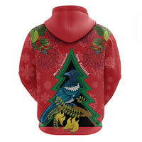 New Zealand Christmas In July Zip Hoodie Kowhai Tui Bird With Pohutukawa - Red LT14 - Polynesian Pride