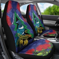 New Zealand Christmas In July Car Seat Cover Kowhai Tui Bird With Pohutukawa - Blue LT14 - Polynesian Pride