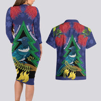 New Zealand Christmas In July Couples Matching Long Sleeve Bodycon Dress and Hawaiian Shirt Kowhai Tui Bird With Pohutukawa - Blue LT14 - Polynesian Pride