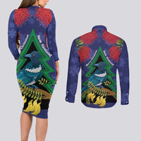 New Zealand Christmas In July Couples Matching Long Sleeve Bodycon Dress and Long Sleeve Button Shirt Kowhai Tui Bird With Pohutukawa - Blue LT14 - Polynesian Pride