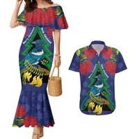 New Zealand Christmas In July Couples Matching Mermaid Dress and Hawaiian Shirt Kowhai Tui Bird With Pohutukawa - Blue LT14 Blue - Polynesian Pride
