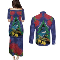 New Zealand Christmas In July Couples Matching Puletasi and Long Sleeve Button Shirt Kowhai Tui Bird With Pohutukawa - Blue LT14 - Polynesian Pride