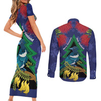 New Zealand Christmas In July Couples Matching Short Sleeve Bodycon Dress and Long Sleeve Button Shirt Kowhai Tui Bird With Pohutukawa - Blue LT14 - Polynesian Pride