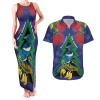 New Zealand Christmas In July Couples Matching Tank Maxi Dress and Hawaiian Shirt Kowhai Tui Bird With Pohutukawa - Blue LT14 Blue - Polynesian Pride