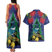 New Zealand Christmas In July Couples Matching Tank Maxi Dress and Hawaiian Shirt Kowhai Tui Bird With Pohutukawa - Blue LT14 - Polynesian Pride