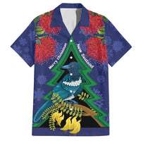 New Zealand Christmas In July Family Matching Long Sleeve Bodycon Dress and Hawaiian Shirt Kowhai Tui Bird With Pohutukawa - Blue LT14 Dad's Shirt - Short Sleeve Blue - Polynesian Pride