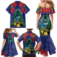 New Zealand Christmas In July Family Matching Mermaid Dress and Hawaiian Shirt Kowhai Tui Bird With Pohutukawa - Blue LT14 - Polynesian Pride
