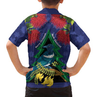 New Zealand Christmas In July Family Matching Off The Shoulder Long Sleeve Dress and Hawaiian Shirt Kowhai Tui Bird With Pohutukawa - Blue LT14 - Polynesian Pride