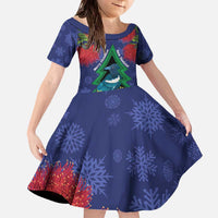 New Zealand Christmas In July Family Matching Off The Shoulder Long Sleeve Dress and Hawaiian Shirt Kowhai Tui Bird With Pohutukawa - Blue LT14 Daughter's Dress Blue - Polynesian Pride