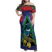 New Zealand Christmas In July Family Matching Off Shoulder Maxi Dress and Hawaiian Shirt Kowhai Tui Bird With Pohutukawa - Blue LT14 Mom's Dress Blue - Polynesian Pride