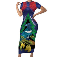 New Zealand Christmas In July Family Matching Short Sleeve Bodycon Dress and Hawaiian Shirt Kowhai Tui Bird With Pohutukawa - Blue LT14 Mom's Dress Blue - Polynesian Pride