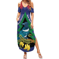 New Zealand Christmas In July Family Matching Summer Maxi Dress and Hawaiian Shirt Kowhai Tui Bird With Pohutukawa - Blue LT14 Mom's Dress Blue - Polynesian Pride