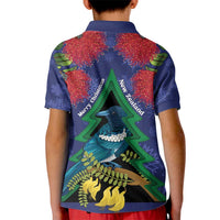 New Zealand Christmas In July Kid Polo Shirt Kowhai Tui Bird With Pohutukawa - Blue LT14 - Polynesian Pride