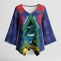 New Zealand Christmas In July Kimono Sleeve Blouse Kowhai Tui Bird With Pohutukawa - Blue LT14 Female Blue - Polynesian Pride