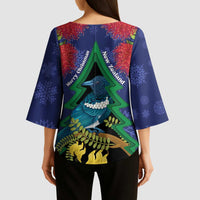 New Zealand Christmas In July Kimono Sleeve Blouse Kowhai Tui Bird With Pohutukawa - Blue LT14 - Polynesian Pride