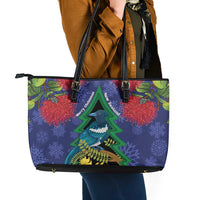 New Zealand Christmas In July Leather Tote Bag Kowhai Tui Bird With Pohutukawa - Blue LT14 - Polynesian Pride
