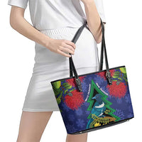 New Zealand Christmas In July Leather Tote Bag Kowhai Tui Bird With Pohutukawa - Blue LT14 - Polynesian Pride