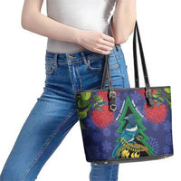 New Zealand Christmas In July Leather Tote Bag Kowhai Tui Bird With Pohutukawa - Blue LT14 - Polynesian Pride