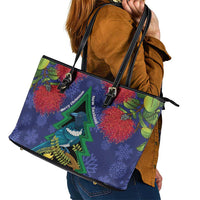 New Zealand Christmas In July Leather Tote Bag Kowhai Tui Bird With Pohutukawa - Blue LT14 - Polynesian Pride