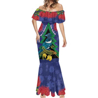 New Zealand Christmas In July Mermaid Dress Kowhai Tui Bird With Pohutukawa - Blue LT14 - Polynesian Pride