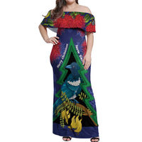 New Zealand Christmas In July Off Shoulder Maxi Dress Kowhai Tui Bird With Pohutukawa - Blue